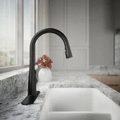 Touchless pull-down kitchen sink faucet with three-function sprayhead