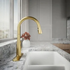 Touchless pull-down kitchen sink faucet with three-function sprayhead