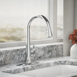 Touchless pull-down kitchen sink faucet with three-function sprayhead