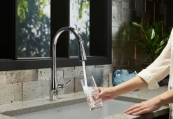 Touchless pull-down kitchen sink faucet with three-function sprayhead