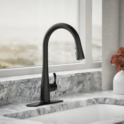 Touchless pull-down kitchen sink faucet with three-function sprayhead