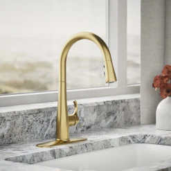 Touchless pull-down kitchen sink faucet with three-function sprayhead