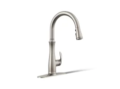 Touchless pull-down kitchen sink faucet with three-function sprayhead