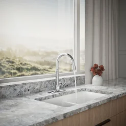 Touchless pull-down kitchen sink faucet with three-function sprayhead