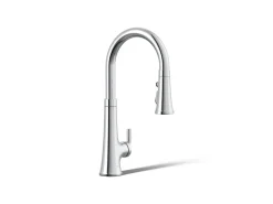 Touchless pull-down kitchen sink faucet with three-function sprayhead
