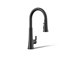 Touchless pull-down kitchen sink faucet with three-function sprayhead