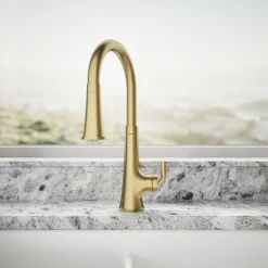 Touchless pull-down kitchen sink faucet with three-function sprayhead