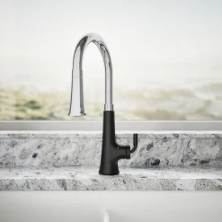 Touchless pull-down kitchen sink faucet with three-function sprayhead