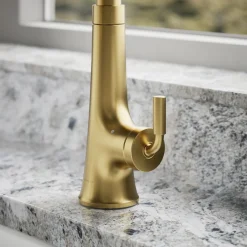 Touchless pull-down kitchen sink faucet with three-function sprayhead
