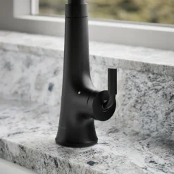 Touchless pull-down kitchen sink faucet with three-function sprayhead