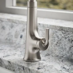 Touchless pull-down kitchen sink faucet with three-function sprayhead