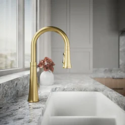 Touchless pull-down kitchen sink faucet with three-function sprayhead
