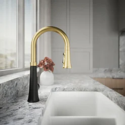 Touchless pull-down kitchen sink faucet with three-function sprayhead