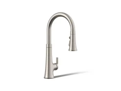 Touchless pull-down kitchen sink faucet with three-function sprayhead
