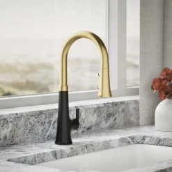 Touchless pull-down kitchen sink faucet with three-function sprayhead