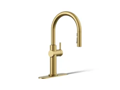 Touchless pull-down kitchen sink faucet with three-function sprayhead
