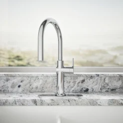 Touchless pull-down kitchen sink faucet with three-function sprayhead