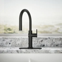 Touchless pull-down kitchen sink faucet with three-function sprayhead