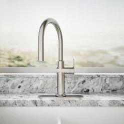 Touchless pull-down kitchen sink faucet with three-function sprayhead