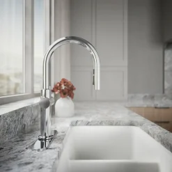 Touchless pull-down kitchen sink faucet with three-function sprayhead