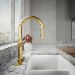 Touchless pull-down kitchen sink faucet with three-function sprayhead