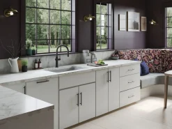 Touchless pull-down kitchen sink faucet with three-function sprayhead