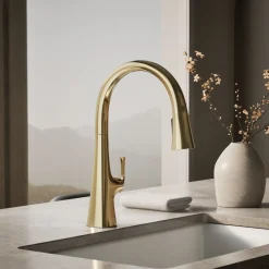 Touchless pull-down kitchen sink faucet with three-function sprayhead