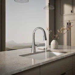 Touchless pull-down kitchen sink faucet with three-function sprayhead