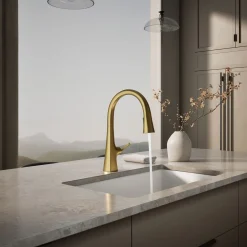 Touchless pull-down kitchen sink faucet with three-function sprayhead
