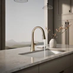 Touchless pull-down kitchen sink faucet with three-function sprayhead