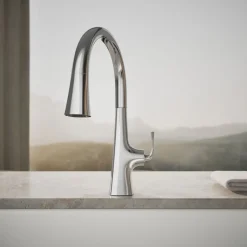 Touchless pull-down kitchen sink faucet with three-function sprayhead