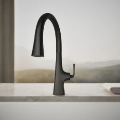 Touchless pull-down kitchen sink faucet with three-function sprayhead