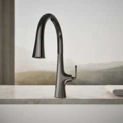 Touchless pull-down kitchen sink faucet with three-function sprayhead