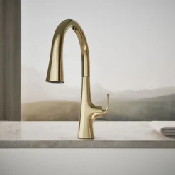 Touchless pull-down kitchen sink faucet with three-function sprayhead