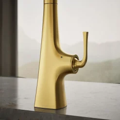 Touchless pull-down kitchen sink faucet with three-function sprayhead