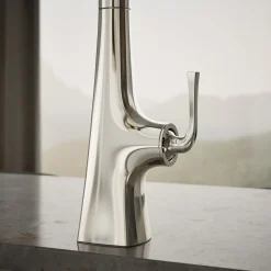 Touchless pull-down kitchen sink faucet with three-function sprayhead