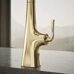 Touchless pull-down kitchen sink faucet with three-function sprayhead