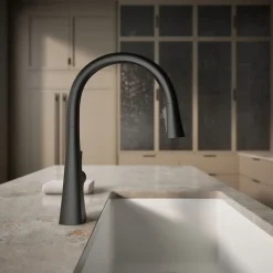 Touchless pull-down kitchen sink faucet with three-function sprayhead