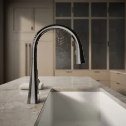 Touchless pull-down kitchen sink faucet with three-function sprayhead