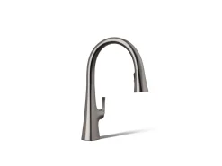 Touchless pull-down kitchen sink faucet with three-function sprayhead