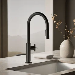 Touchless pull-down kitchen sink faucet with two-function sprayhead