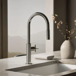 Touchless pull-down kitchen sink faucet with two-function sprayhead