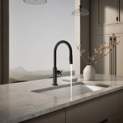 Touchless pull-down kitchen sink faucet with two-function sprayhead