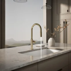 Touchless pull-down kitchen sink faucet with two-function sprayhead
