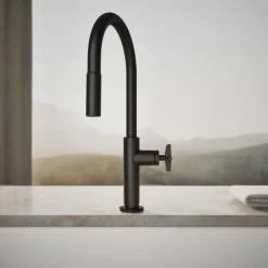 Touchless pull-down kitchen sink faucet with two-function sprayhead
