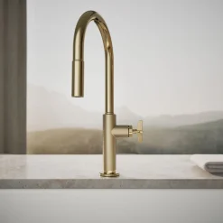 Touchless pull-down kitchen sink faucet with two-function sprayhead