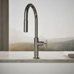 Touchless pull-down kitchen sink faucet with two-function sprayhead