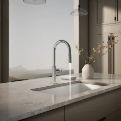 Touchless pull-down kitchen sink faucet with two-function sprayhead
