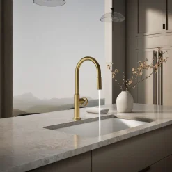 Touchless pull-down kitchen sink faucet with two-function sprayhead