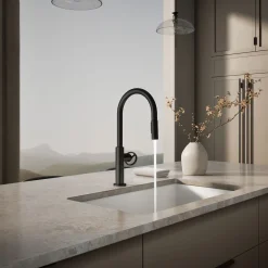 Touchless pull-down kitchen sink faucet with two-function sprayhead